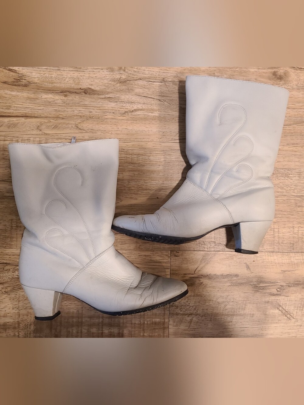 Vtg 80s White Leather Slouchy Winter Western Cowboy Boots Sz 7.5 🤠